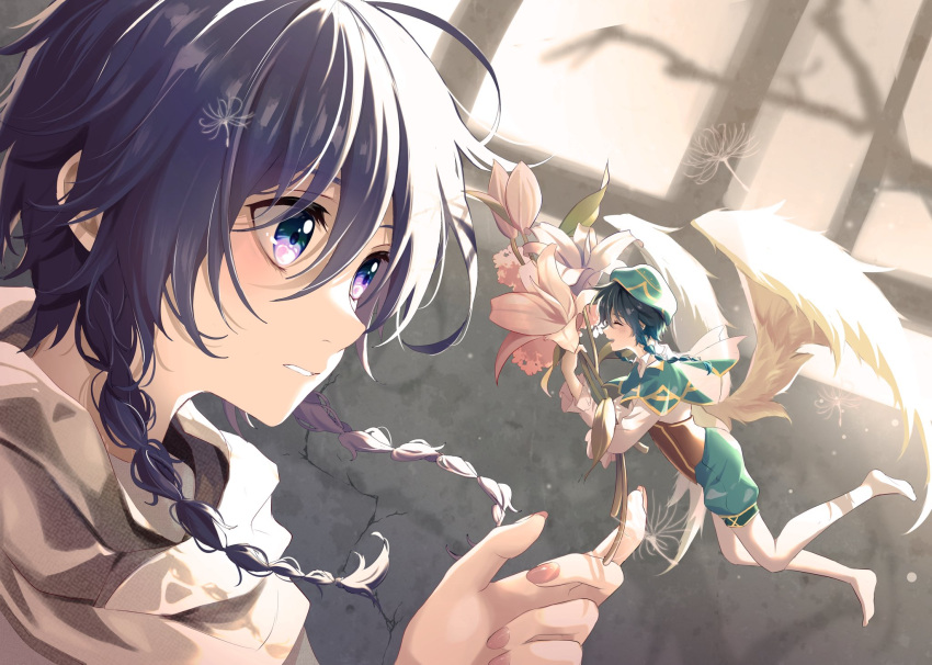 2boys, alternate_size, androgynous, bangs, beret, black_hair, blue_eyes, blue_hair, braid, brown_cloak, cape, cloak, closed_eyes, collared_cape, corset, dandelion_seed, eyebrows_visible_through_hair, feathered_wings, fingernails, flower, frilled_sleeves, frills, from_side, genshin_impact, gradient_hair, green_headwear, green_shorts, hat, highres, holding, holding_flower, leaf, long_fingernails, long_sleeves, male_focus, miniboy, multicolored_hair, multiple_boys, nameless_bard_(genshin_impact), nezu_(se_aroe), no_shoes, open_mouth, pantyhose, shirt, short_hair_with_long_locks, shorts, smile, stone_wall, twin_braids, venti_(genshin_impact), wall, white_flower, white_legwear, white_shirt, window, wings