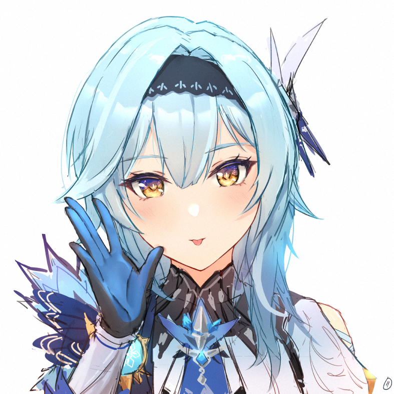 1girl, :p, bangs, blue_gloves, blue_hair, blue_neckwear, blush, envyvanity