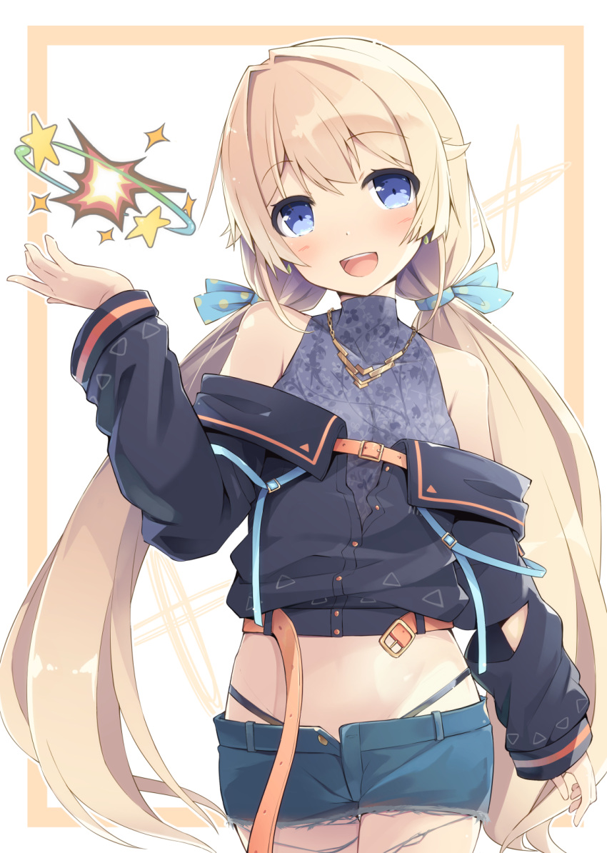 .live, 1girl, belt, black_panties, blonde_hair, blue_eyes, blush, earrings, highleg, highleg_panties, highres, jacket, jewelry, long_hair, looking_at_viewer, low_twintails, masaki_(machisora), nanahoshi_milily, necklace, off-shoulder_jacket, open_mouth, panties, panty_straps, shorts, simple_background, solo, twintails, underwear, virtual_youtuber