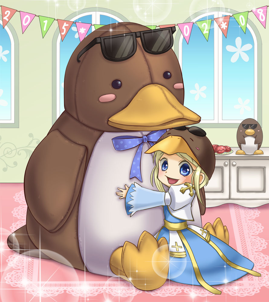 1girl, archbishop_(ragnarok_online), bangs, bird, blonde_hair, blue_dress, blue_eyes, blush