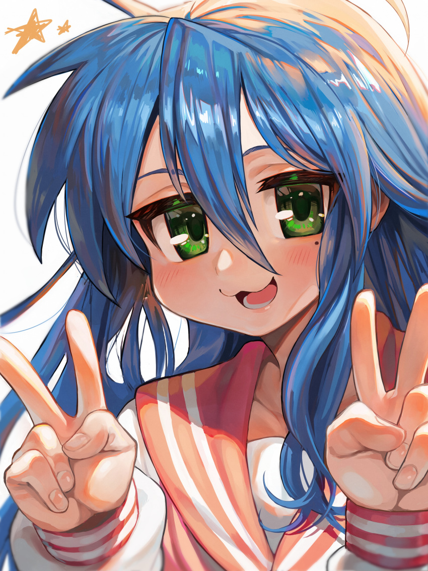 1girl, :3, absurdres, ahoge, bangs, blue_hair, double_v, fingernails