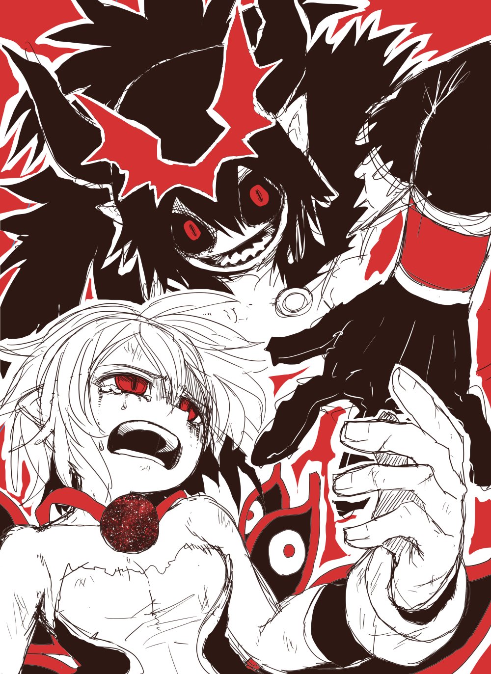 2girls, black_fur, black_gloves, black_hair, black_horns, black_sclera, cleavage_cutout, clothing_cutout, colored_sclera, colored_skin, demon_girl, demon_horns, elbow_gloves, finger_to_mouth, from_side, fur_trim, gloves, highres, horns, juugoya_(zyugoya), limited_palette, mephisto_pheles_(shinrabanshou), multiple_girls, noin_(shinrabanshou), pointy_ears, red_background, red_eyes, red_wings, revealing_clothes, shinrabanshou, short_hair, spiky_hair, white_gloves, white_skin, wing_ornament, wings