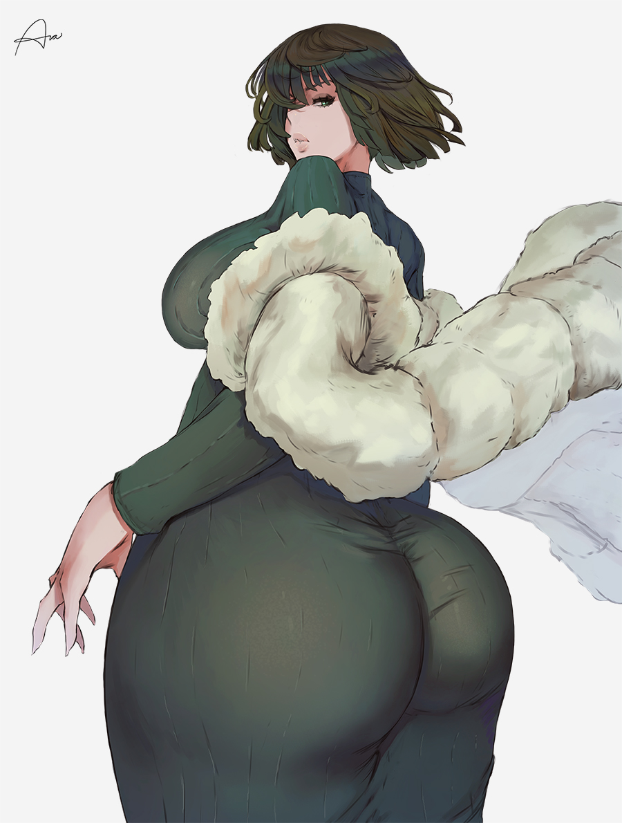 1girl, araneesama, ass, breasts, coat, curvy, cutesexyrobutts_(style), dark_green_hair