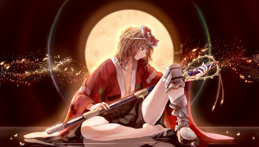 1other, ametsukana_yago, androgynous, asymmetrical_legwear, bandage_over_one_eye, brown_eyes, brown_hair, cyclops, hakama_skirt, hemo_(hemoroda), highres, japanese_clothes, knife, len'en, mask, one-eyed, open_mouth, short_hair, sitting, solo, sword, weapon