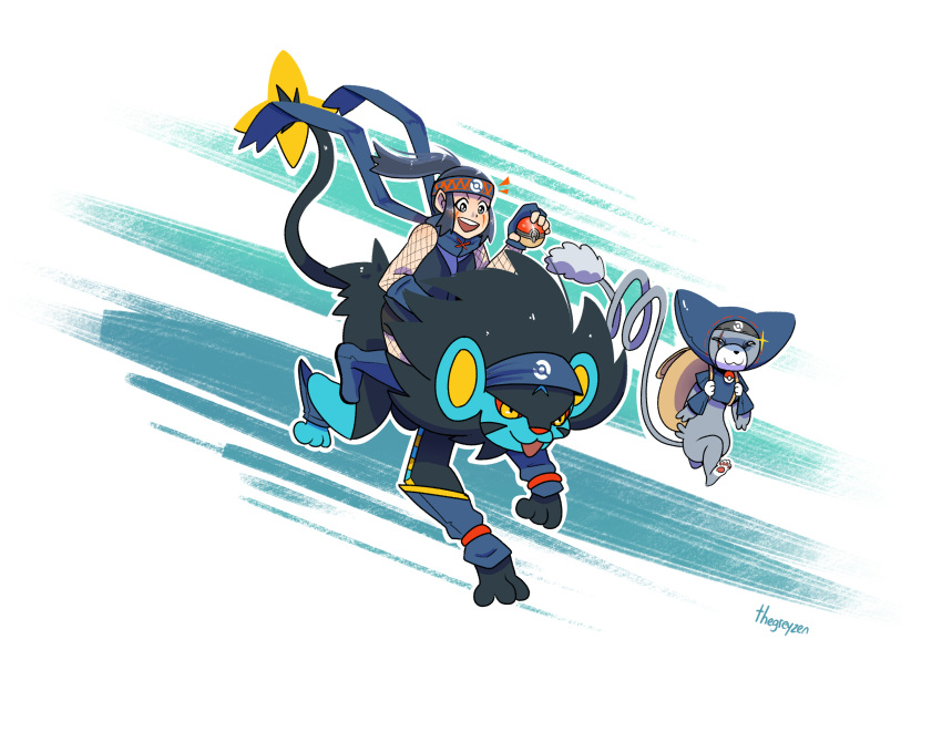1girl, armor, black_hair, blush, breasts, dog, eyebrows_visible_through_hair, female_protagonist_(pokemon_legends:_arceus)