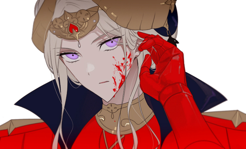 1girl, blood, blue_eyes, cape, closed_mouth, edelgard_von_hresvelg, fake_horns, fire_emblem