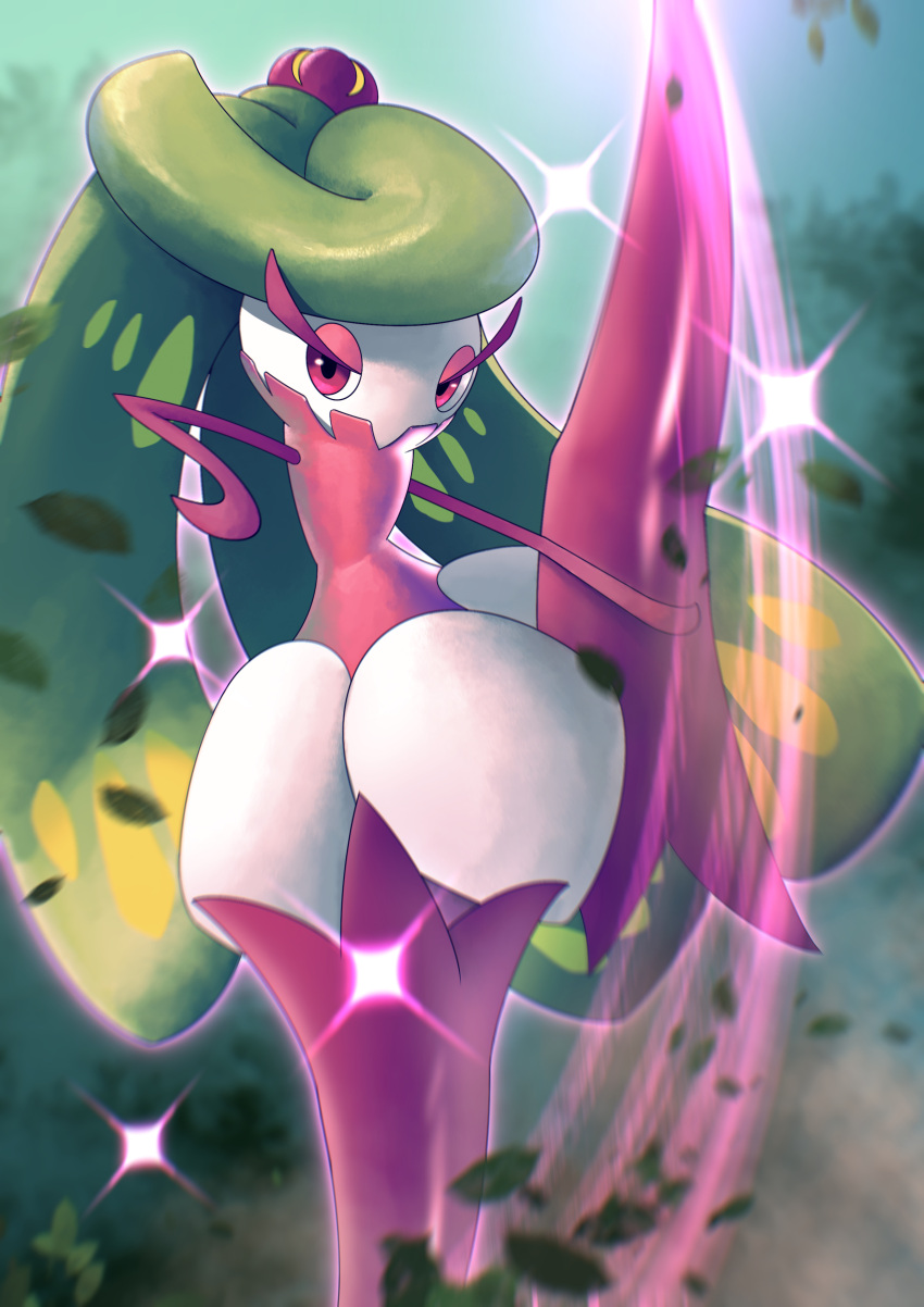 absurdres, blurry, gen_7_pokemon, higa-tsubasa, highres, leaves_in_wind, leg_up, looking_at_viewer