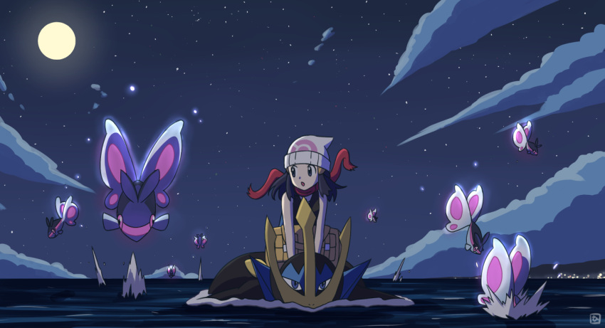 1girl, :o, bare_arms, beanie, black_hair, commentary_request, hikari_(pokemon), empoleon