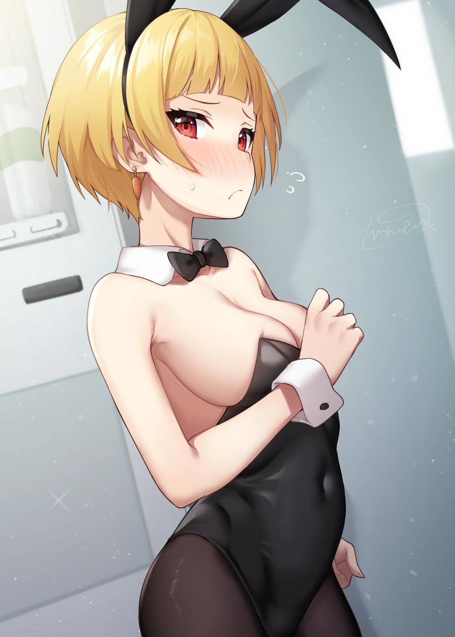 1girl, animal_ears, bangs, bare_shoulders, binsen, black_legwear, black_leotard, black_neckwear, blonde_hair, blunt_bangs, bow, bowtie, breasts, carrot_earrings, closed_mouth, collarbone, covered_navel, cowboy_shot, detached_collar, earrings, fake_animal_ears, flying_sweatdrops, food_themed_earrings, frown, fukuda_noriko, hand_up, highres, idolmaster, idolmaster_shiny_colors, jewelry, leotard, no_bra, pantyhose, rabbit_ears, shadow, shiny, shiny_hair, short_hair, skindentation, solo, sparkle, strapless, strapless_leotard, sweatdrop, wrist_cuffs