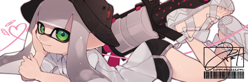 .52_gal_(splatoon), 1girl, absurdres, bangs, barcode, black_shorts, blouse, blunt_bangs