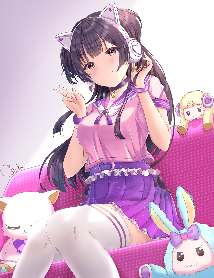 1girl, bangs, black_hair, blush, bow, bracelet, breasts, cat_ear_headphones, choker, closed_mouth, couch, eyebrows_visible_through_hair, feet_out_of_frame, hand_in_hair, hands_up, headphones, highres, idolmaster, idolmaster_shiny_colors, jewelry, long_hair, looking_at_viewer, mayuzumi_fuyuko, medium_breasts, oz-da-yon, pink_shirt, pleated_skirt, purple_skirt, shirt, short_sleeves, signature, sitting, skirt, smile, thigh-highs, v, violet_eyes, white_legwear