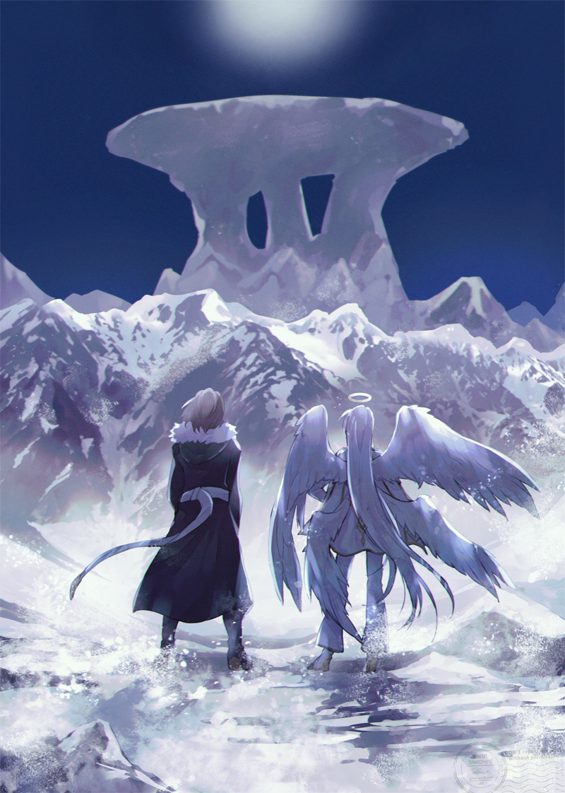 2boys, chris_(mountain_of_heaven), coat, day, facing_away, frey_(mountain_of_heaven), fur_trim, halo