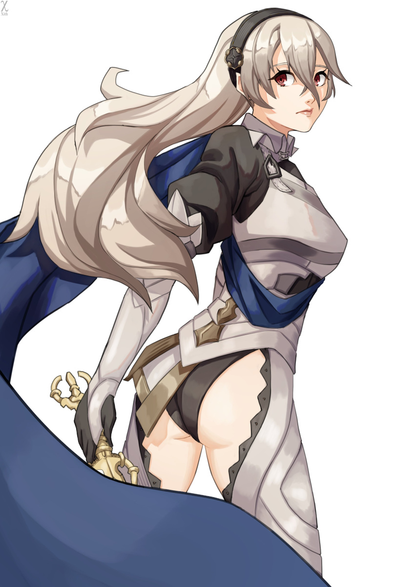 1girl, absurdres, armor, ass, black_panties, blue_cape, breasts, cape