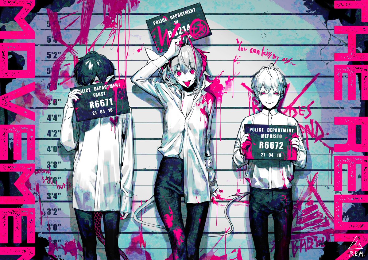 1girl, 2boys, alternate_costume, antenna_hair, arknights, character_name, demon_girl, demon_horns