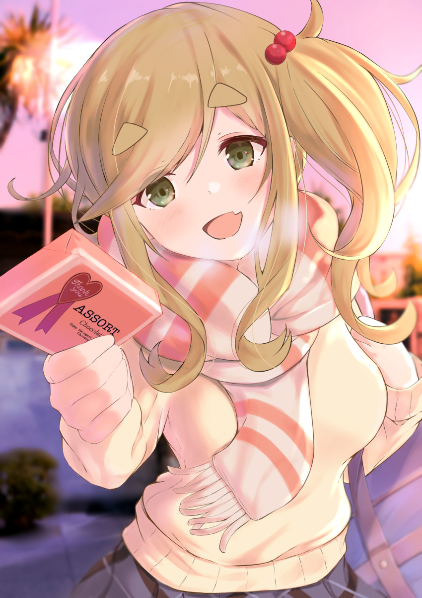 1girl, :d, absurdres, bangs, blue_skirt, blurry, blurry_background, blush