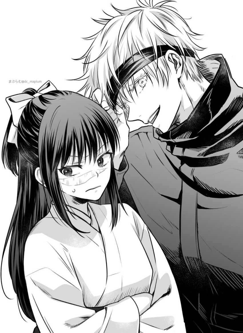 1boy, 1girl, bangs, blindfold, blindfold_lift, bow, closed_mouth, crossed_arms