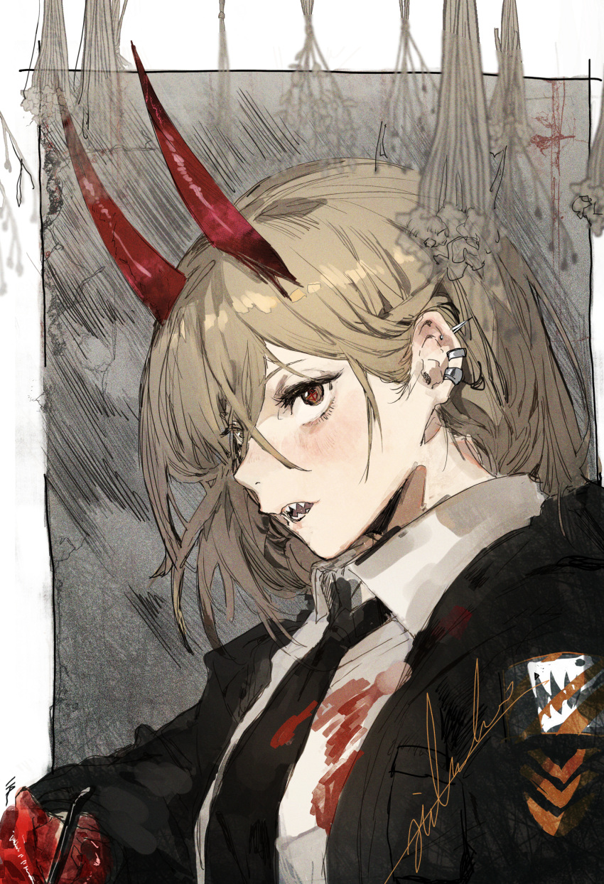 +_+, 1girl, black_background, black_jacket, black_neckwear, blood, bloody_clothes, bloody_hands