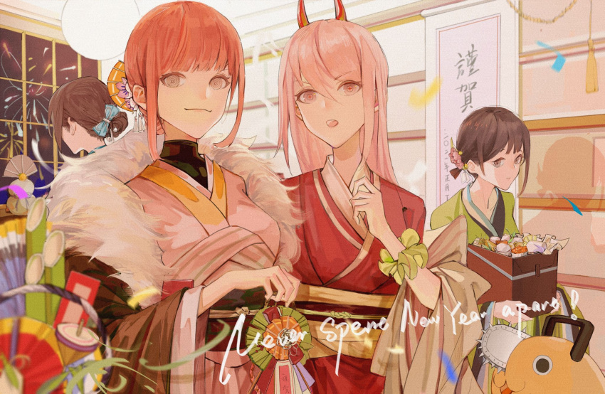 +_+, 4girls, alternate_costume, black_eyes, black_hair, black_shirt, blurry, blurry_foreground, box, braid, braided_ponytail, breasts, brown_coat, ceiling_light, chainsaw_man, cheng10500, chinese_commentary, closed_mouth, coat, commentary, confetti, demon_horns, english_text, eyebrows_visible_through_hair, fan, fireworks, flower, folding_fan, fur-trimmed_coat, fur_trim, green_kimono, grey_eyes, hair_between_eyes, hair_bun, hair_flower, hair_ornament, hair_stick, hanging_scroll, higashiyama_kobeni, highres, holding, holding_box, horns, japanese_clothes, kadomatsu, kagami_mochi, kimono, lips, long_hair, looking_at_viewer, makima_(chainsaw_man), medium_breasts, medium_hair, multiple_girls, new_year, obi, open_mouth, party, pink_eyes, pink_hair, pink_kimono, pochita_(chainsaw_man), power_(chainsaw_man), red_kimono, redhead, reze_(chainsaw_man), ringed_eyes, sash, scroll, scrunchie, shadow, shirt, short_ponytail, sidelocks, small_breasts, smile, straight_hair, tassel, tied_hair, turtleneck, upper_body, wide_sleeves, window, wrist_scrunchie, yukata