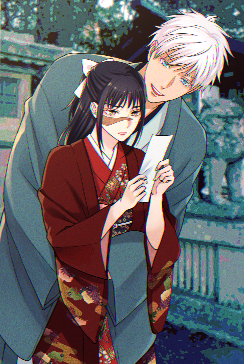 1boy, 1girl, ashio, bangs, black_hair, blue_eyes, blue_kimono, bow
