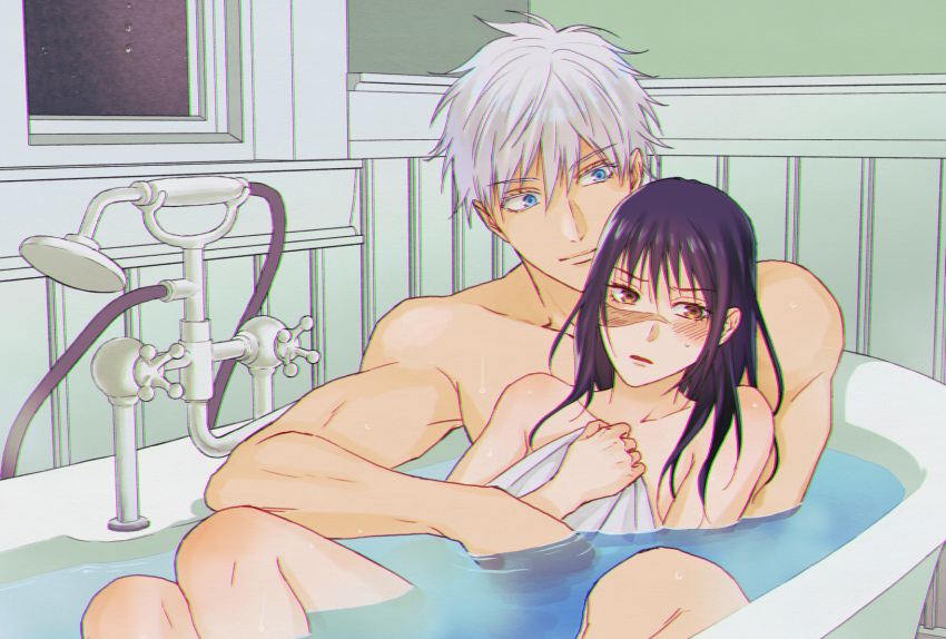 1boy, 1girl, ashio, bangs, bathing, bathtub, blue_eyes, blush