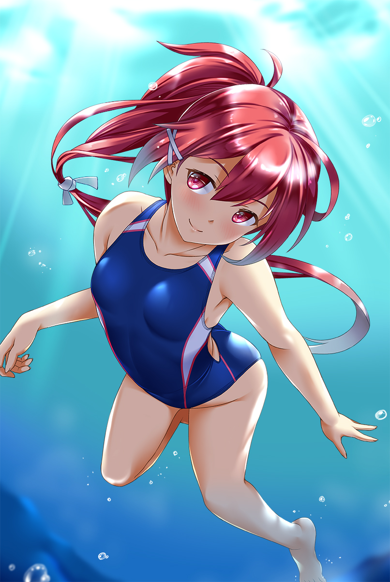 1girl, air_bubble, barefoot, blue_swimsuit, breasts, bubble, collarbone, commission