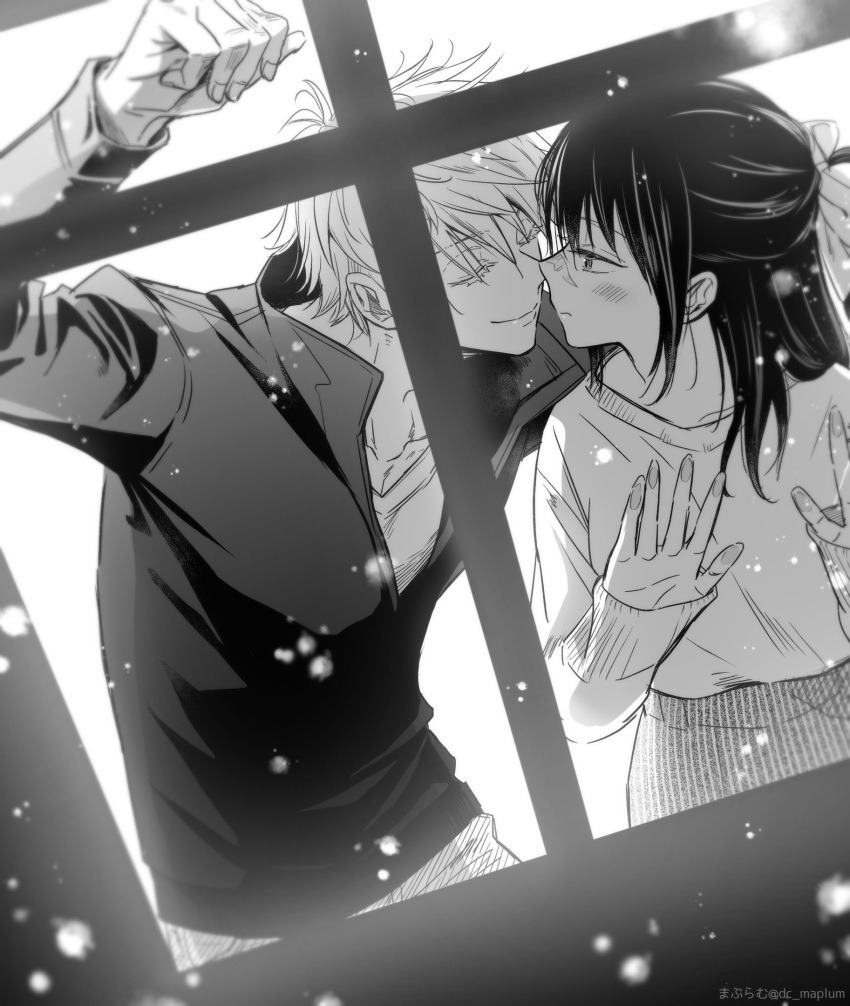 1boy, 1girl, arm_up, bangs, blush, bow, closed_eyes, closed_mouth, collarbone, couple, cowboy_shot, gojou_satoru, greyscale, hair_between_eyes, hair_bow, half-closed_eyes, hetero, highres, imminent_kiss, iori_utahime, jacket, jujutsu_kaisen, long_hair, long_sleeves, maplum, monochrome, profile, scar, scar_on_face, shirt, short_hair, sleeves_past_wrists, snow, standing, twitter_username, window