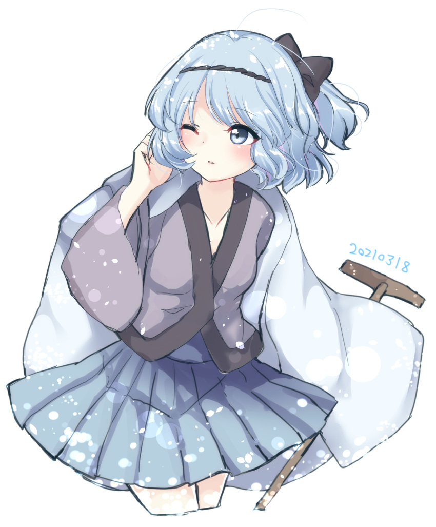1girl, bangs, black_bow, blue_eyes, blue_skirt, blush, bow, breasts