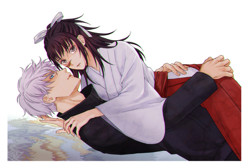 1boy, 1girl, ashio, black_eyes, black_hair, black_jacket, blue_eyes, border, bow, couple, cowboy_shot, gojou_satoru, hair_bow, hakama, hetero, high_collar, hug, iori_utahime, jacket, japanese_clothes, jujutsu_kaisen, kimono, long_hair, long_sleeves, lying, miko, on_back, parted_lips, profile, red_hakama, scar, scar_on_face, short_hair, sideways_glance, simple_background, waist_hug, white_background, white_border, white_bow, white_hair, white_kimono, wide_sleeves