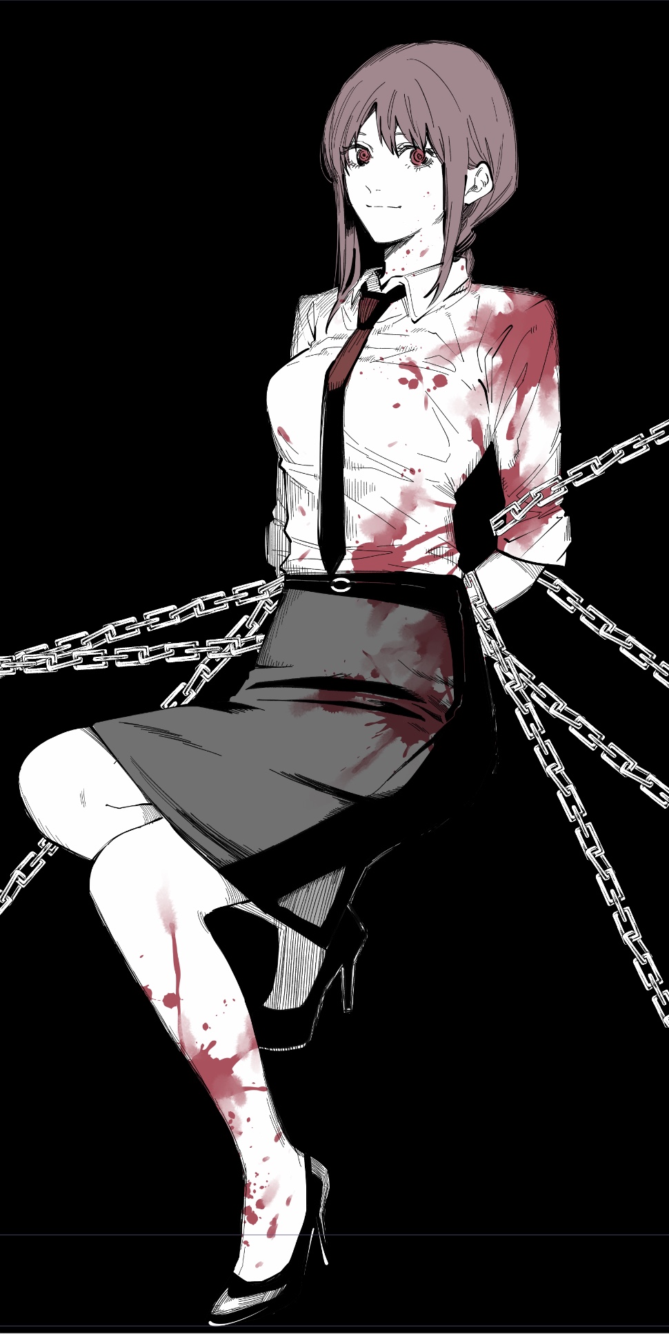1girl, arms_behind_back, black_background, blood, blood_splatter, bloody_clothes, braid, braided_ponytail