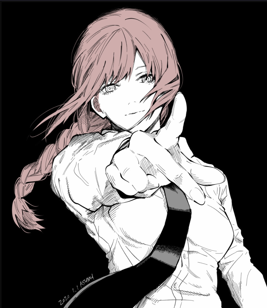 1girl, artist_name, bangs, black_background, braid, braided_ponytail, breasts, chainsaw_man