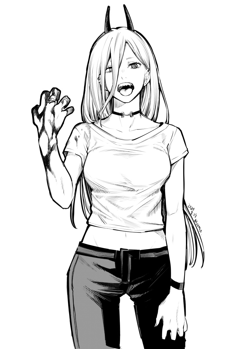 1girl, absurdres, artist_name, bangs, blood, bloody_hands, breasts, chainsaw_man
