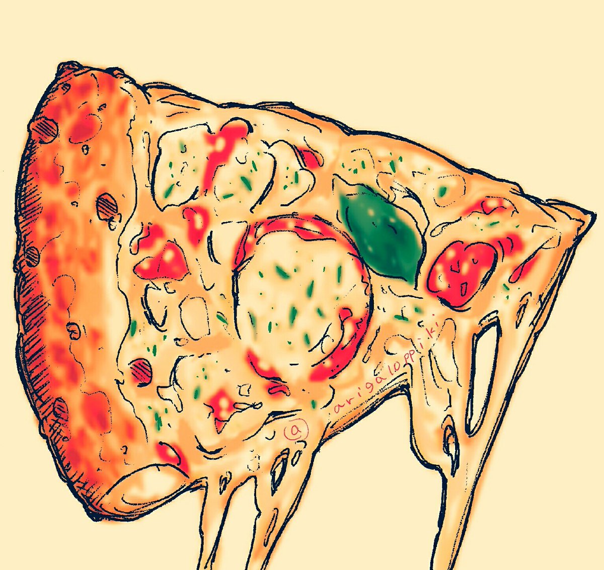arinko_(a_ringo_hoppe), artist_name, cheese, commentary_request, food, food_focus, jpeg_artifacts, melting, original, pepperoni, pizza, pizza_slice, signature, simple_background, still_life, twitter_username, yellow_background, yellow_theme
