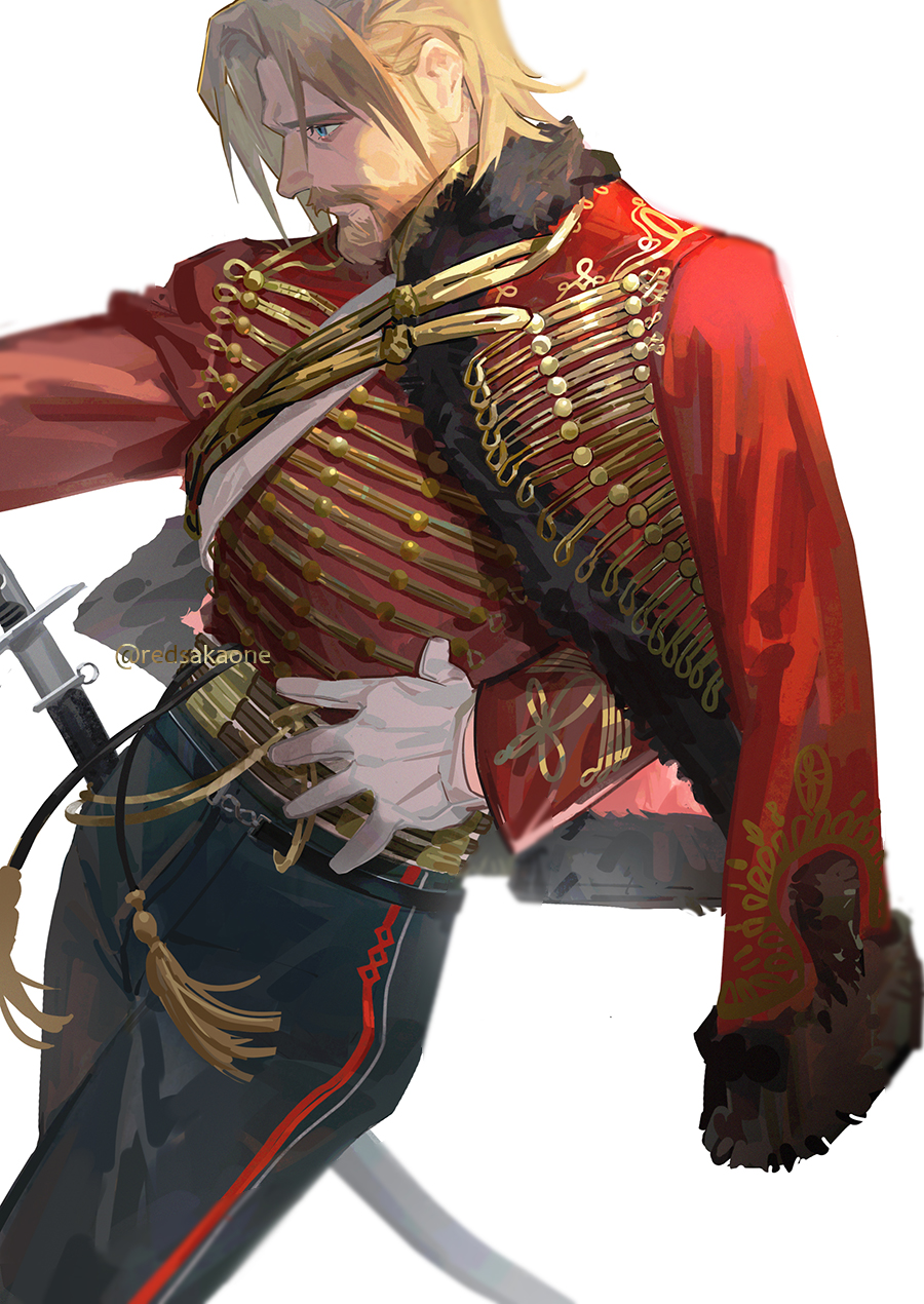 1boy, artist_name, beard, belt, black_belt, black_pants, blonde_hair, blue_eyes