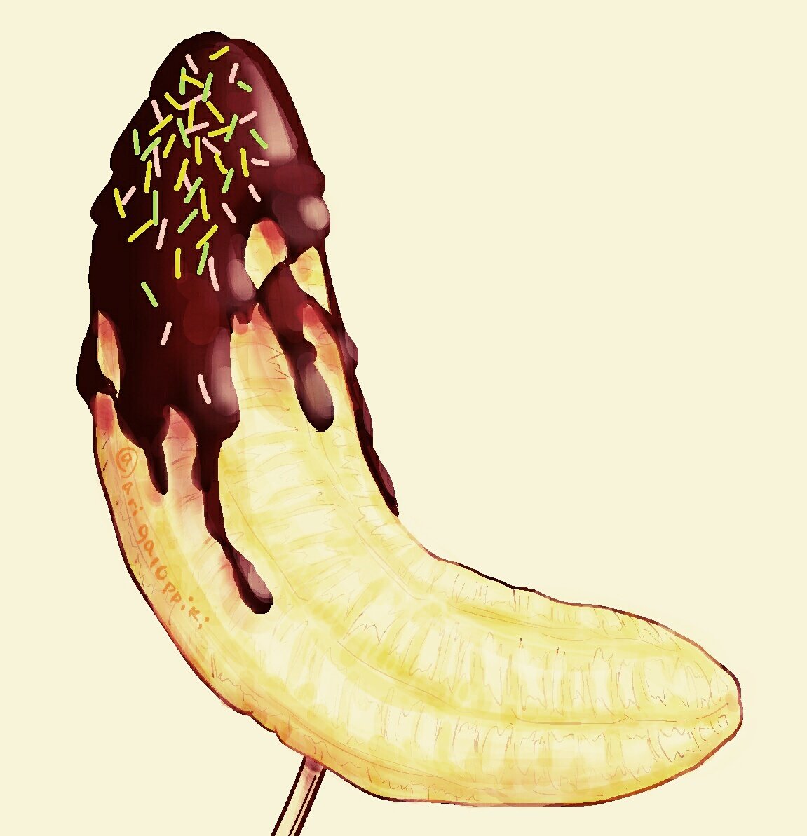 arinko_(a_ringo_hoppe), artist_name, banana, chocolate, chocolate_banana, commentary_request, food, food_focus