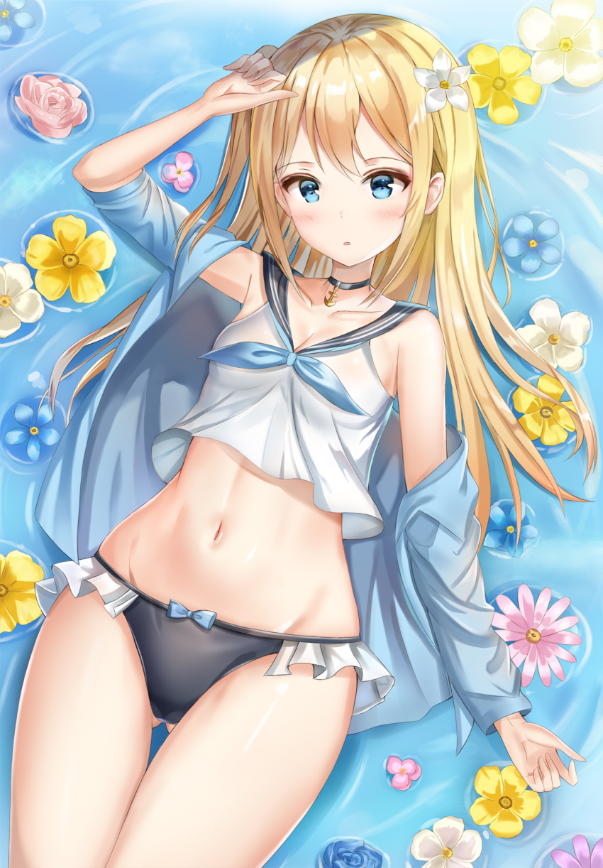 1girl, black_panties, blonde_hair, blue_eyes, breasts, flower, highres, kitin