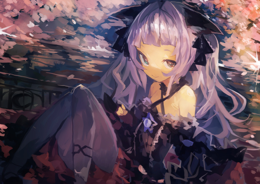 1girl, absurdres, animal_ears, bangs, black_dress, black_sleeves, bow, brooch