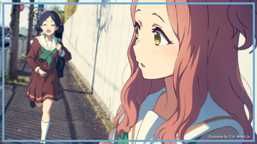 2girls, bag, blush, brown_hair, brown_shirt, brown_skirt, closed_eyes, freckles