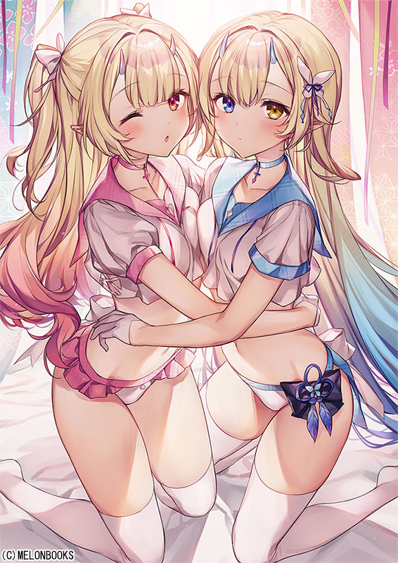 2girls, ;o, bikini, bikini_bottom, bikini_skirt, blonde_hair, blue_choker, blue_eyes
