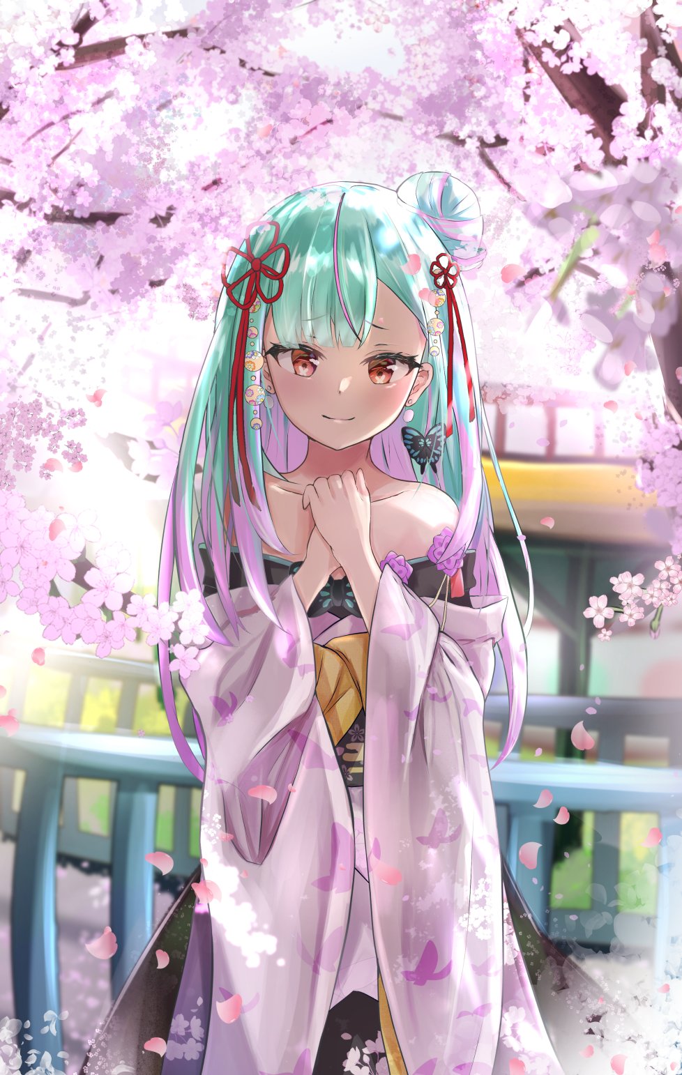1girl, animal_print, bangs, bare_shoulders, blush, bridge, butterfly_hair_ornament, butterfly_print, cherry_blossoms, collarbone, derk_maxx, dress, earrings, eyebrows_visible_through_hair, gradient_hair, green_hair, hair_ornament, hair_ribbon, highres, hololive, hololive_fantasy, japanese_clothes, jewelry, kimono, long_hair, looking_at_viewer, multicolored_hair, off-shoulder_kimono, pink_hair, red_eyes, ribbon, side_bun, smile, solo, streaked_hair, uruha_rushia, virtual_youtuber