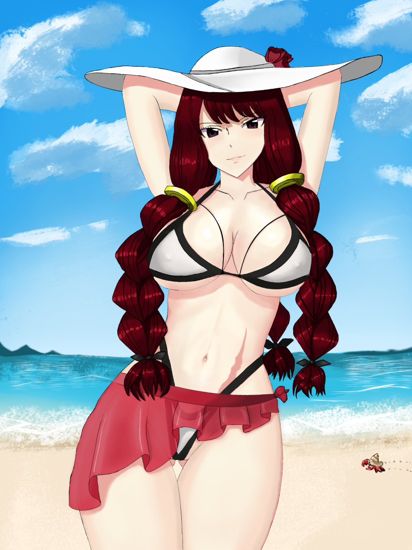1girl, absurdres, bikini, breasts, fairy_tail, hat, highleg, highleg_bikini, highleg_swimsuit, highres, irene_belserion, large_breasts, long_hair, redhead, roklus, sarong, skirt, sun_hat, swimsuit