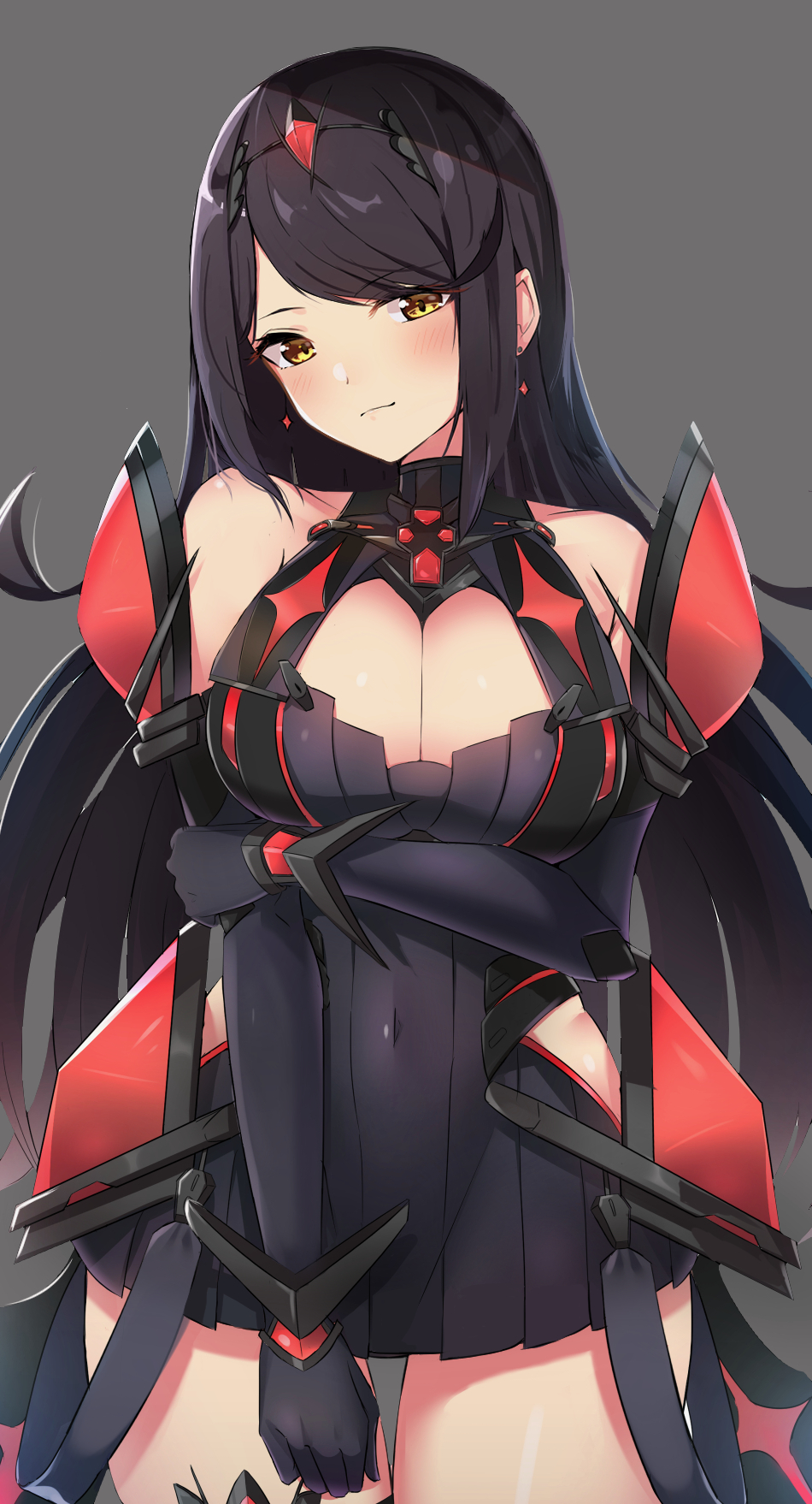 1girl, alternate_color, bangs, bare_legs, bare_shoulders, breasts, chest_jewel, cleavage_cutout