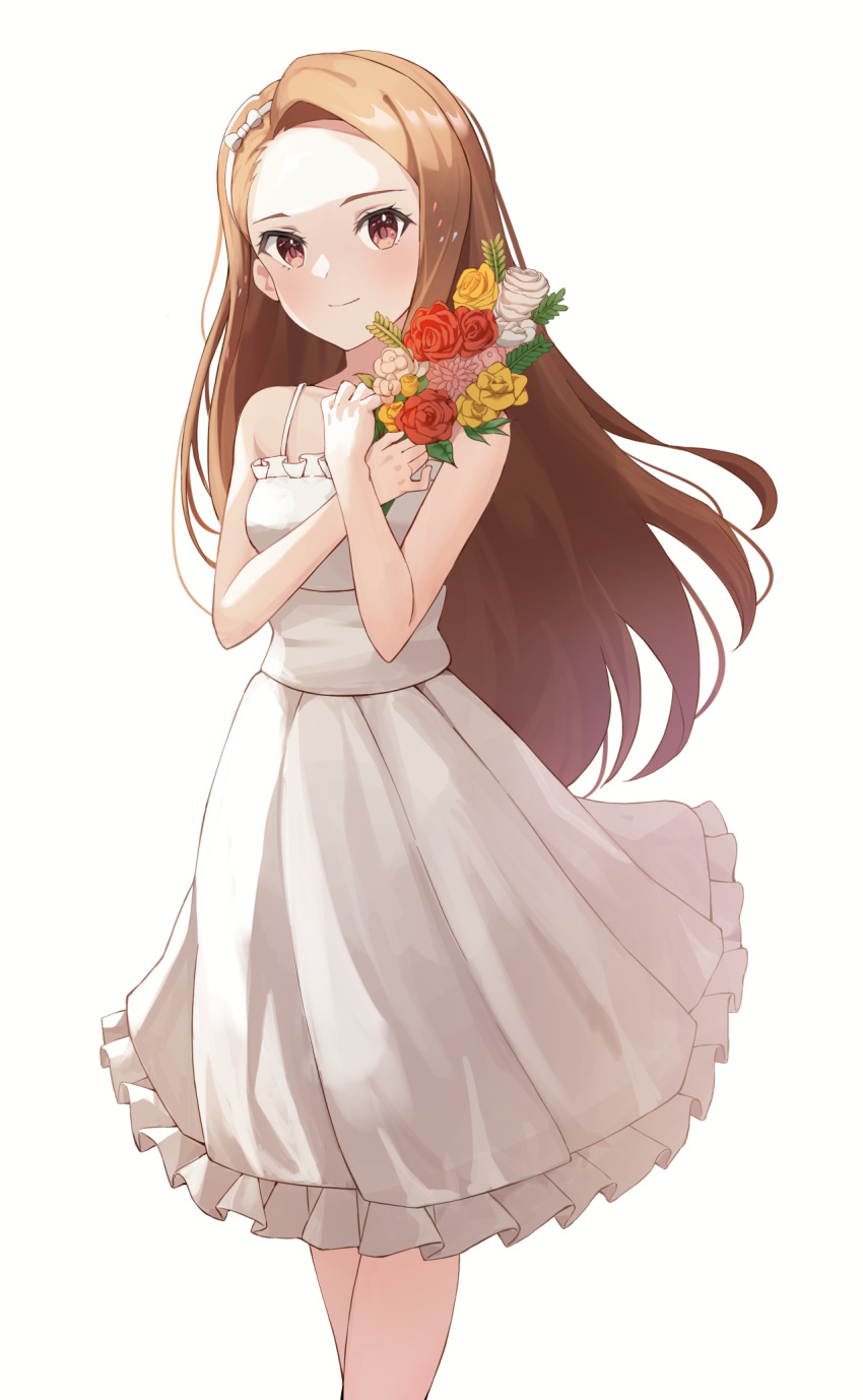 1girl, amanoyui, bare_arms, bare_shoulders, bouquet, bow, breasts, brown_eyes