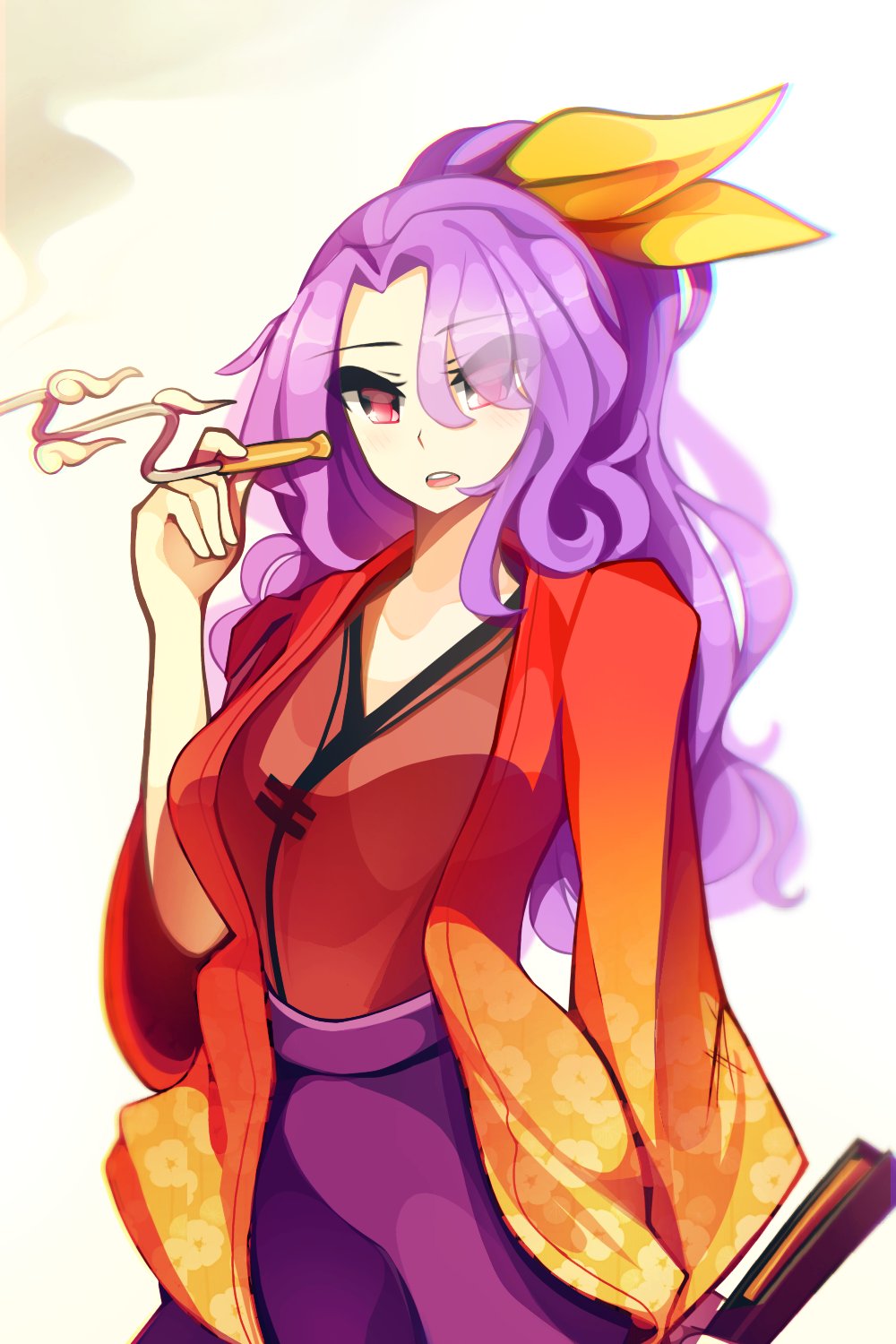1girl, blowing_smoke, closed_fan, eyebrows_visible_through_hair, fan, folding_fan, highres, holding