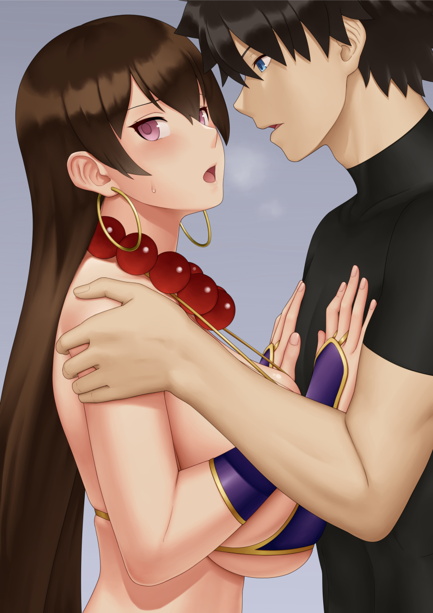 1boy, 1girl, bangs, bare_shoulders, bead_necklace, beads, bikini, black_hair