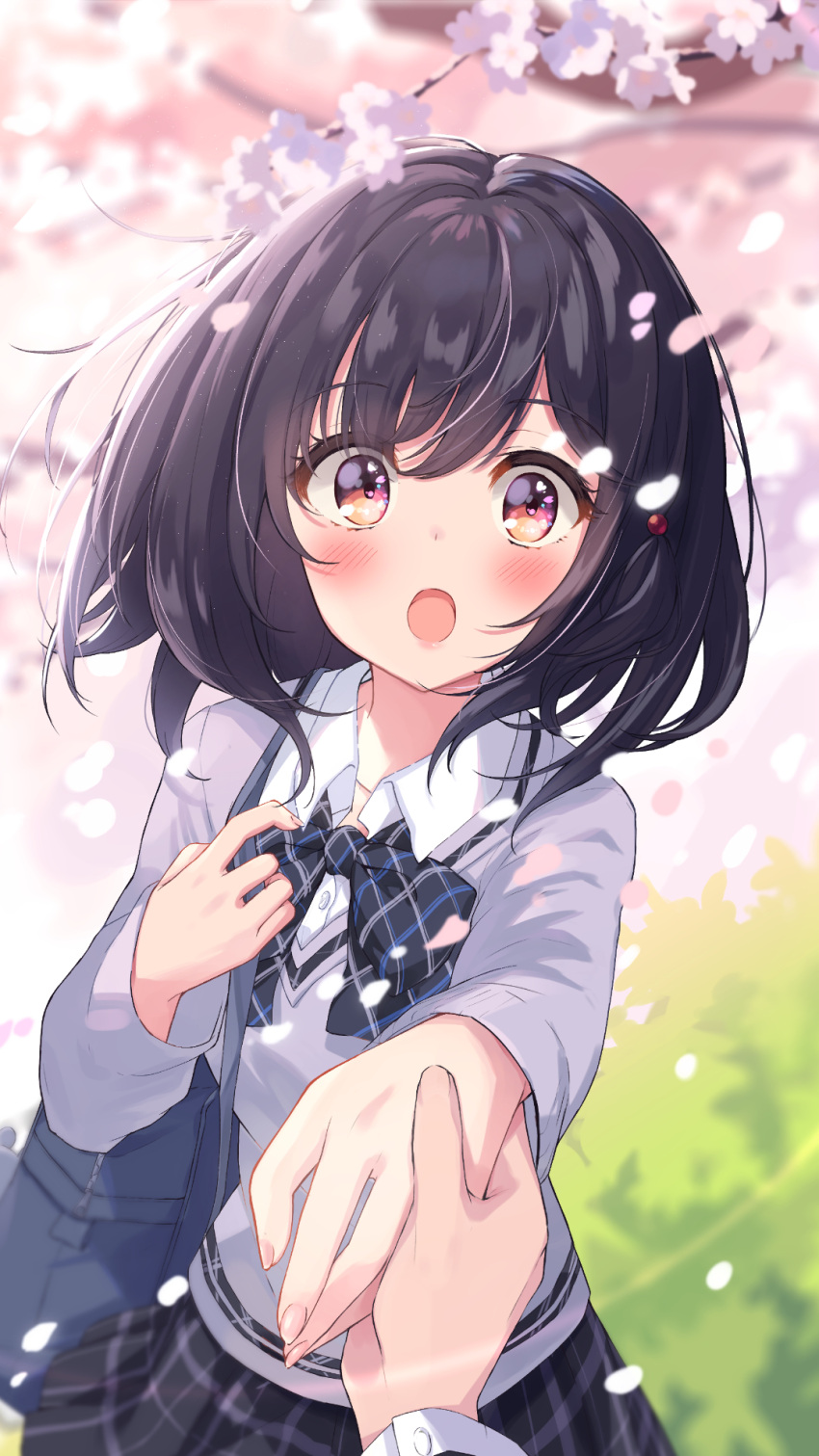 bag, black_hair, blush, bow, brown_eyes, cherry_blossoms, contemporary, granblue_fantasy