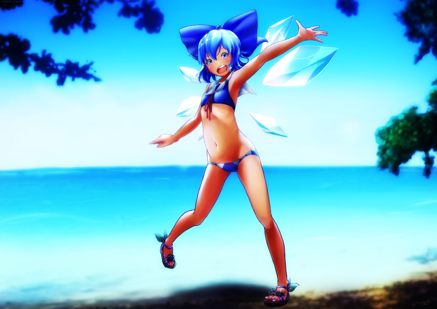 1girl, arm_up, armpits, bangs, bare_shoulders, bikini, blue_bikini, blue_bow