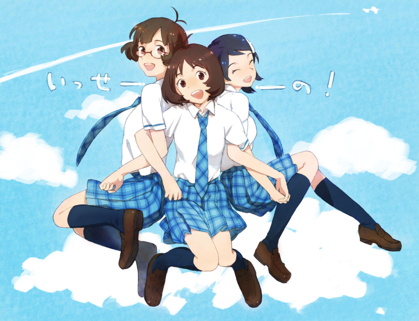1boy, 2girls, akizuki_ryou, antenna_hair, blue_hair, brown_eyes, brown_hair, closed_eyes