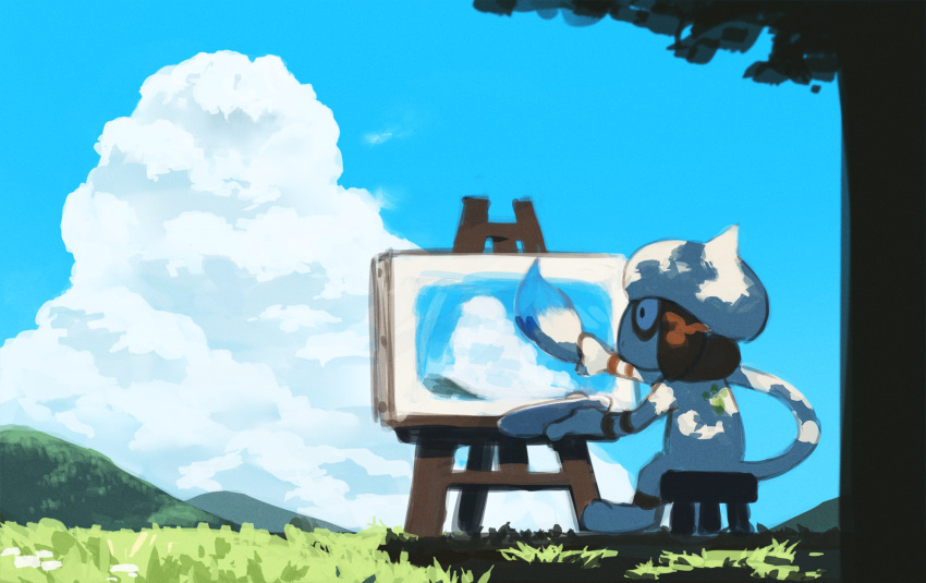 black_eyes, canvas_(object), clouds, commentary_request, day, gen_2_pokemon, grass, highres