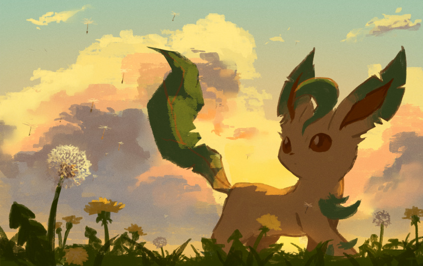 brown_eyes, clouds, commentary_request, dandelion, day, flower, from_below, gen_4_pokemon, grass, highres, leafeon, looking_back, no_humans, one-hour_drawing_challenge, outdoors, pokemon, pokemon_(creature), rend, sky, solo, standing