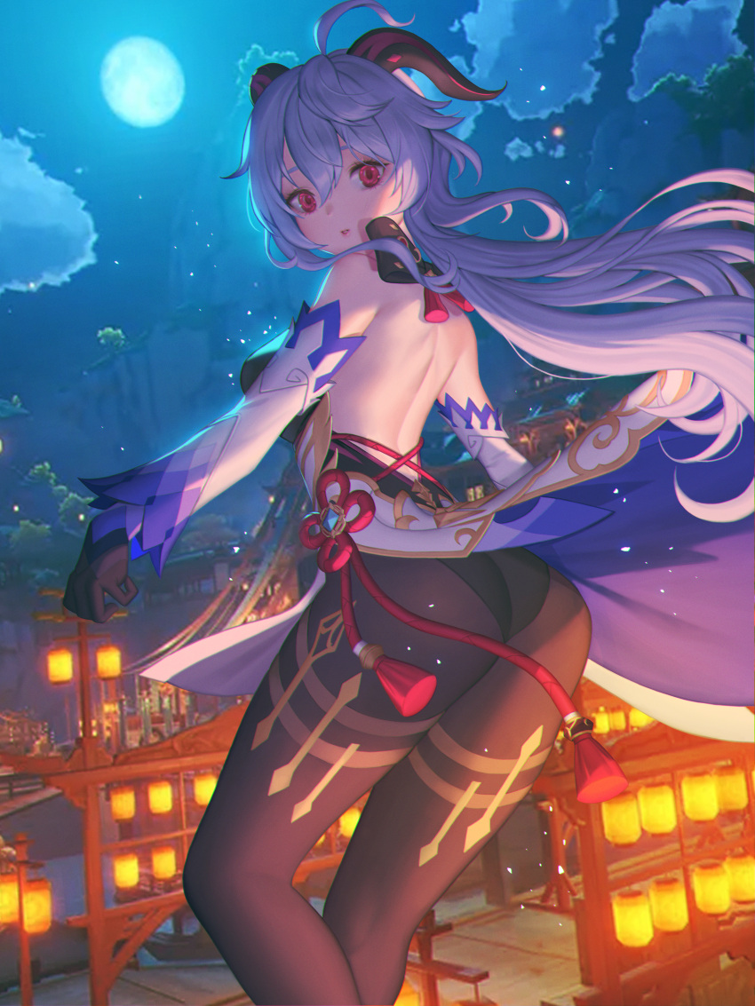 1girl, absurdres, ahoge, ass, back, backless_leotard, bare_shoulders, black_legwear